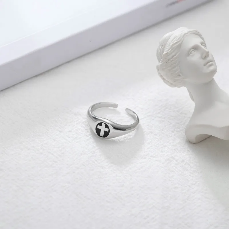 

Fengxiaoling New Fashion 925 Sterling Silver Black Cross Open Rings For Women Retro Style Simple Womens Rings Jewelry