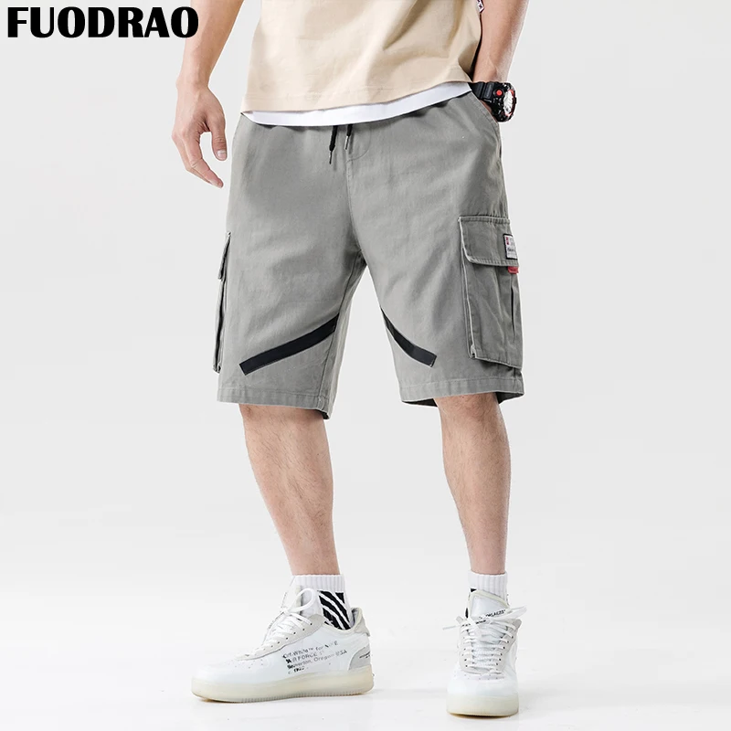 FUODRAO Японии Стиль мужские шорты Карго кусочков кожи летние шорты Для мужчин хип-хоп Уличная Свободное длинное платье с длинными рукавами брюки D023