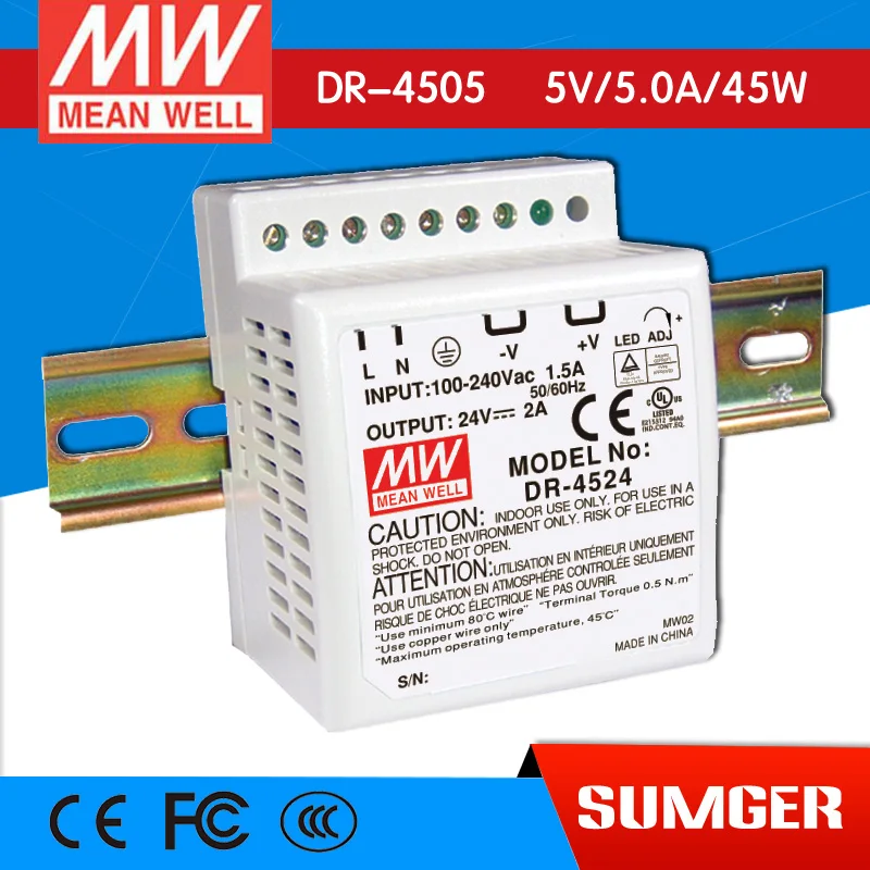 

[Freeshiping 2Pcs] MEAN WELL original DR-4505 5V 5A meanwell DR-45 5V 25W Single Output Industrial DIN Rail Power Supply