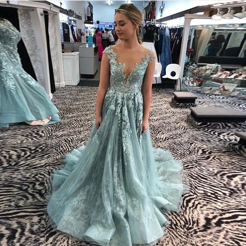 

Cinderella Deep V-Neck Sleevless Sweep Train Covered Button Lace A-Line Evening Dresses Long Tulle Lace Party Prom Gown