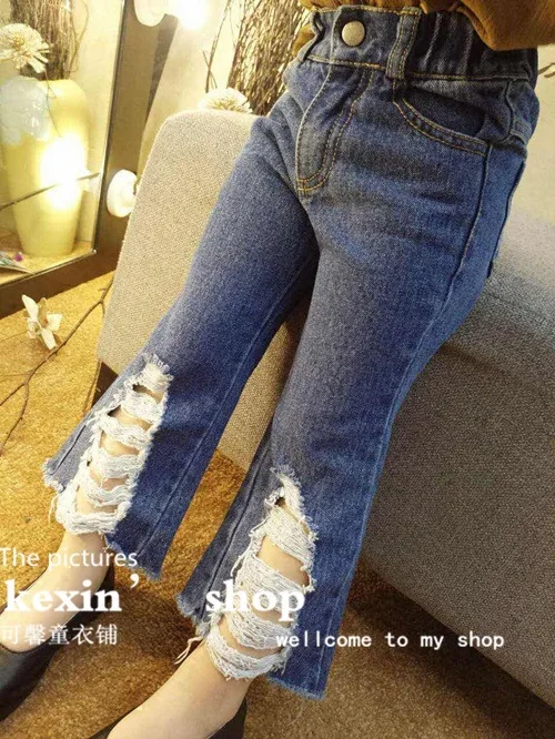 Обувь для девочек Штаны весна новые модные европейский и американский стиль джинсы для девочек для партии вырезать отверстия джинсовые детские штаны отверстия Штаны