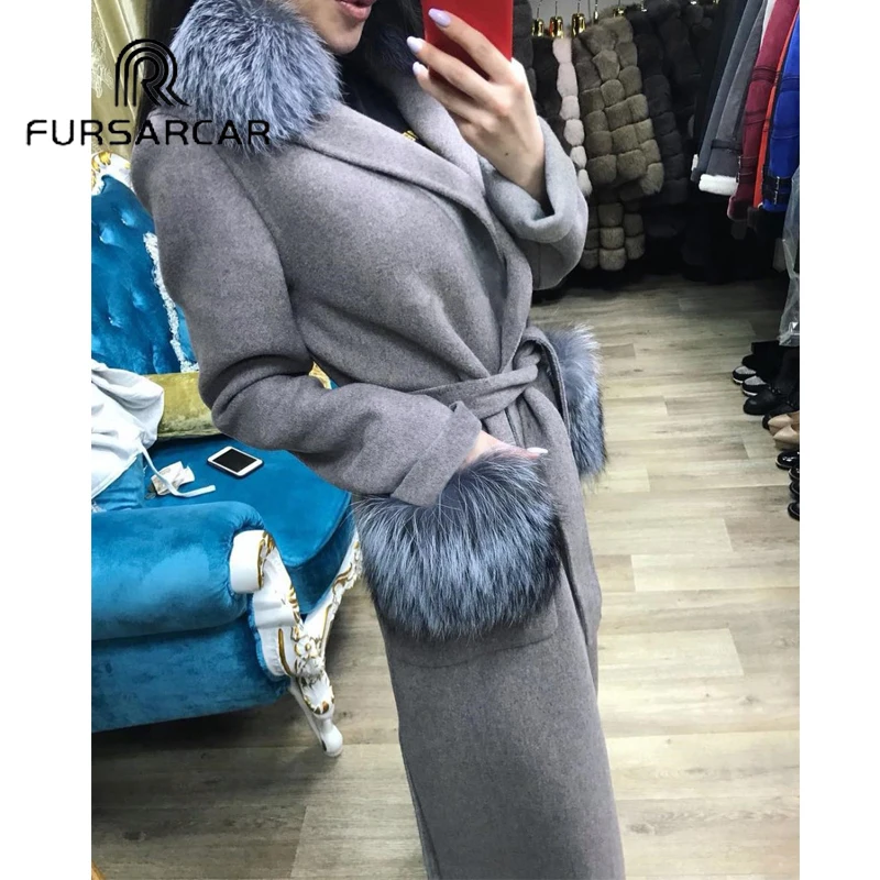 FURSARCAR Real Fur Coat Women Winter Luxury Woolen Skin Fur Coat With Silver Fox Fur Collar 120 CM Long Whole Skin Fur Coat