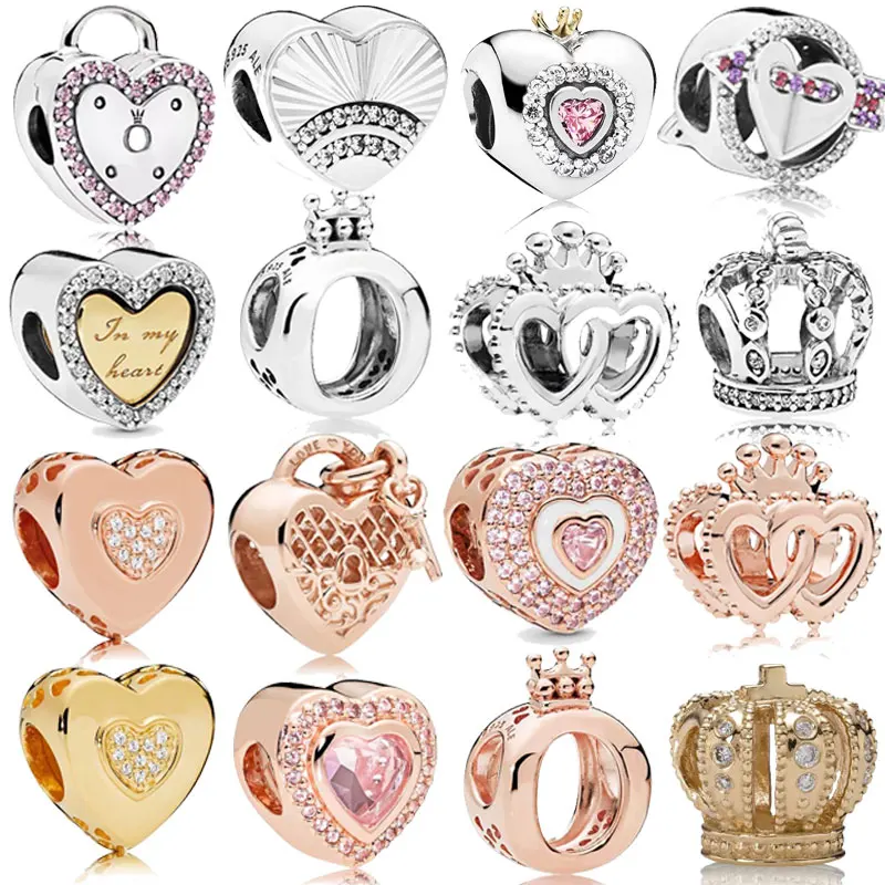 

JEM 100% 925 sterling silver jewelry with 1:1 Pandora bracelet original simple pink heart crown DIY beads valentine's day gift
