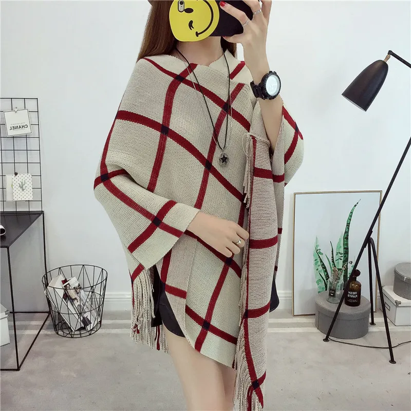 

2019 autumn new pullover sweater coat tassel cloak shawl irregular lattice outside plaid
