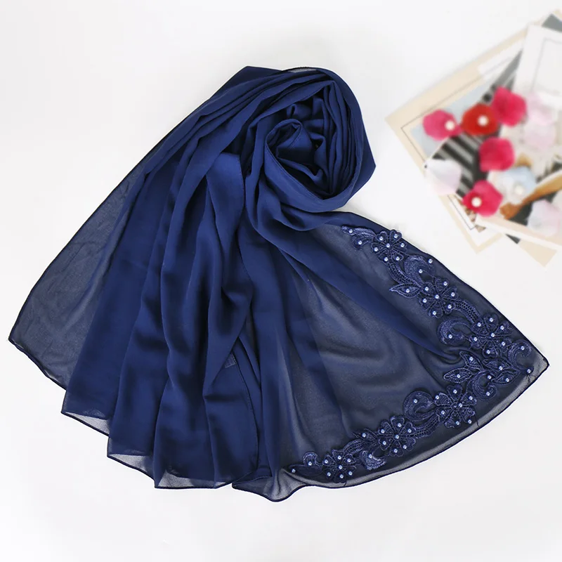 Кружевной цветочный хиджаб шарф простые Пузырьковые шифоновые накидки бусины мусульманские платки модные длинные повязки на голову мусульманские шарфы 10 шт./лот