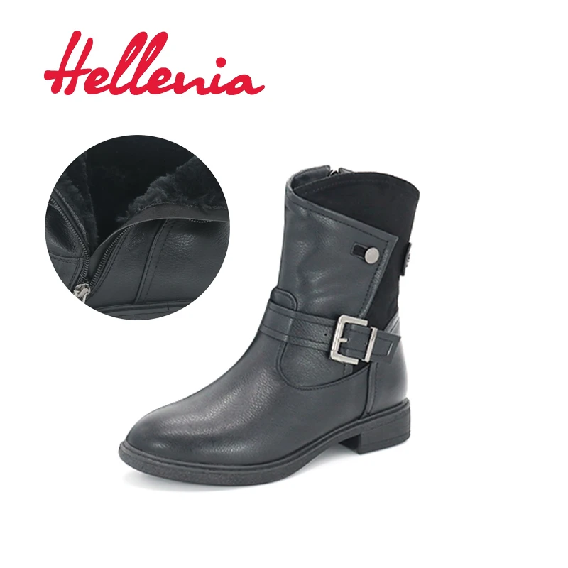 

Hellenia 2017 Autumn Winter Short Boots Martin Boot Female Europe Wind Black Woman's PU leather Boots Ankle Plush lining winter