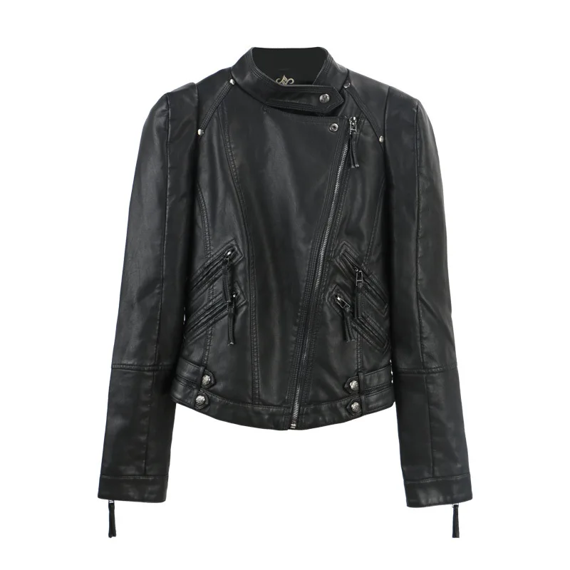 Fashion Solid Women Faux Leather Jacket Turn-down Collar Slim Jackets and Coats Office Lady Motorcycle Overcoat