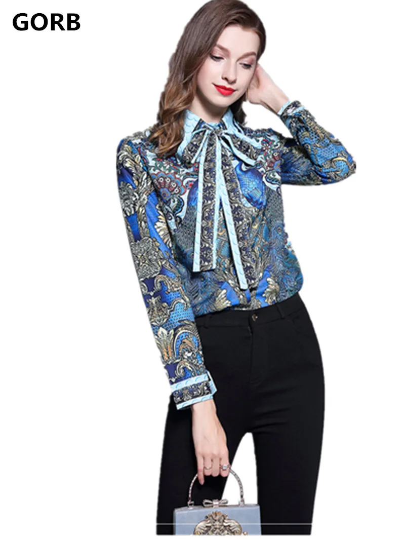

GORB 2019 Autumn Newest Women Runway Vintage Peacock Print Shirt Tops big Size Slim Bow Turn-down Collar Long Sleeve Blouses XXL