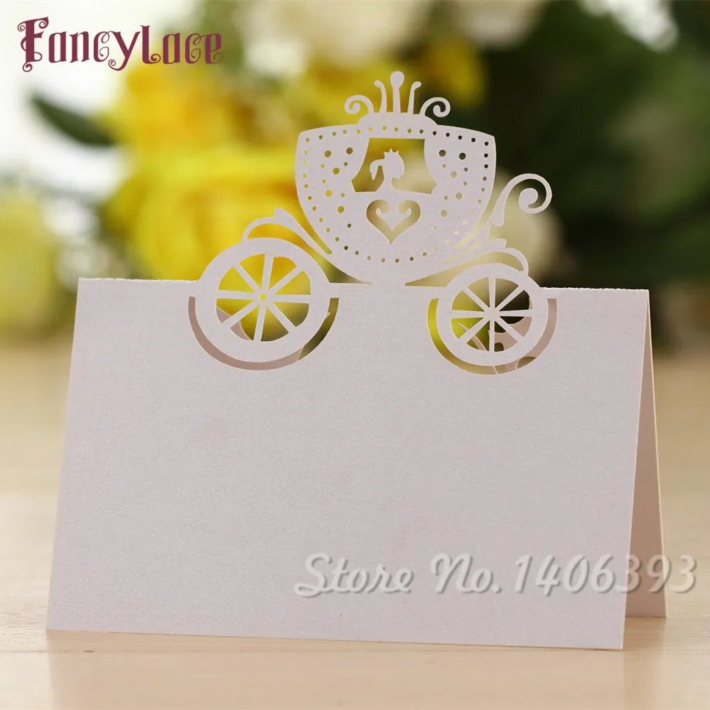 

50PCS Party Invitation Decorations Table Cards, Cinderella Pumpkin Car Seat Place Card Die Cut Paper Girl kids Baby Show Favor