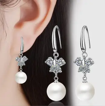 

925 Sterling Silver Earrings Crystal Butterfly Zircon Simulated Pearl Drop Earrongs For Women brincos Boucle d'oreille