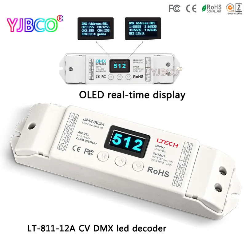 

led controller LT-811-12A;1CH CV DMX Decoder;16bit/8bit input;DC12V input;12A*1CH+0-10V*1CH+10V PWM*1CH ouput