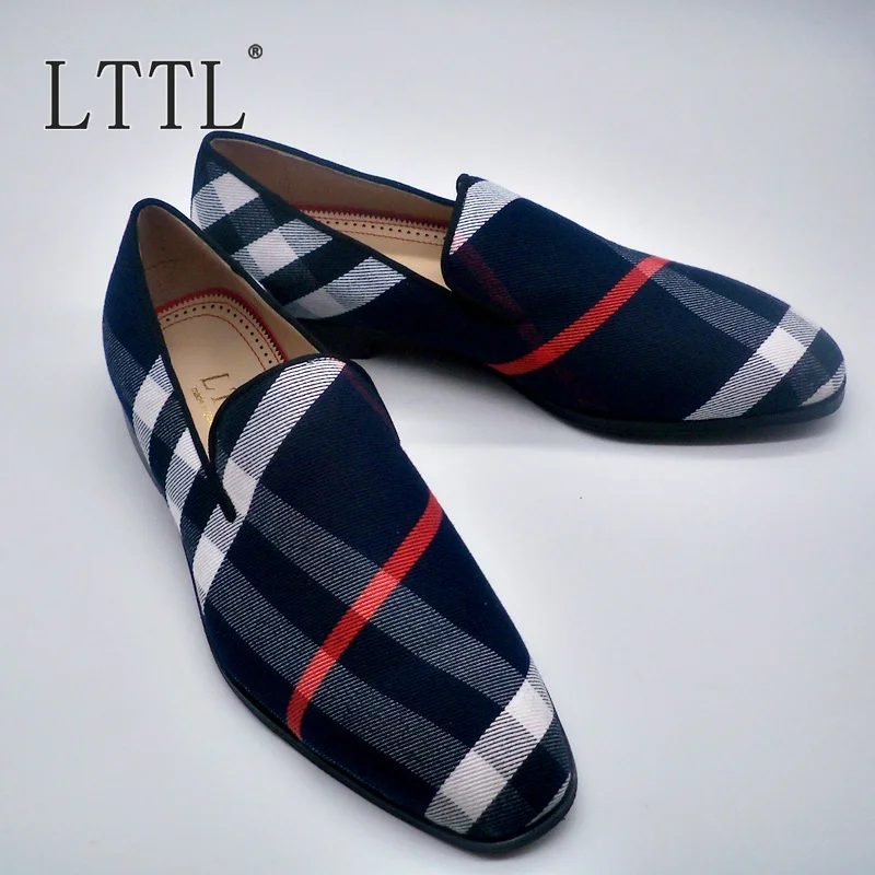 LTTL Mixed-color Plaid Canvas Shoes High Quality Square Toe Slip On Men Loafers Plus Size Summer Fashion Mens Shoes Casual Flats