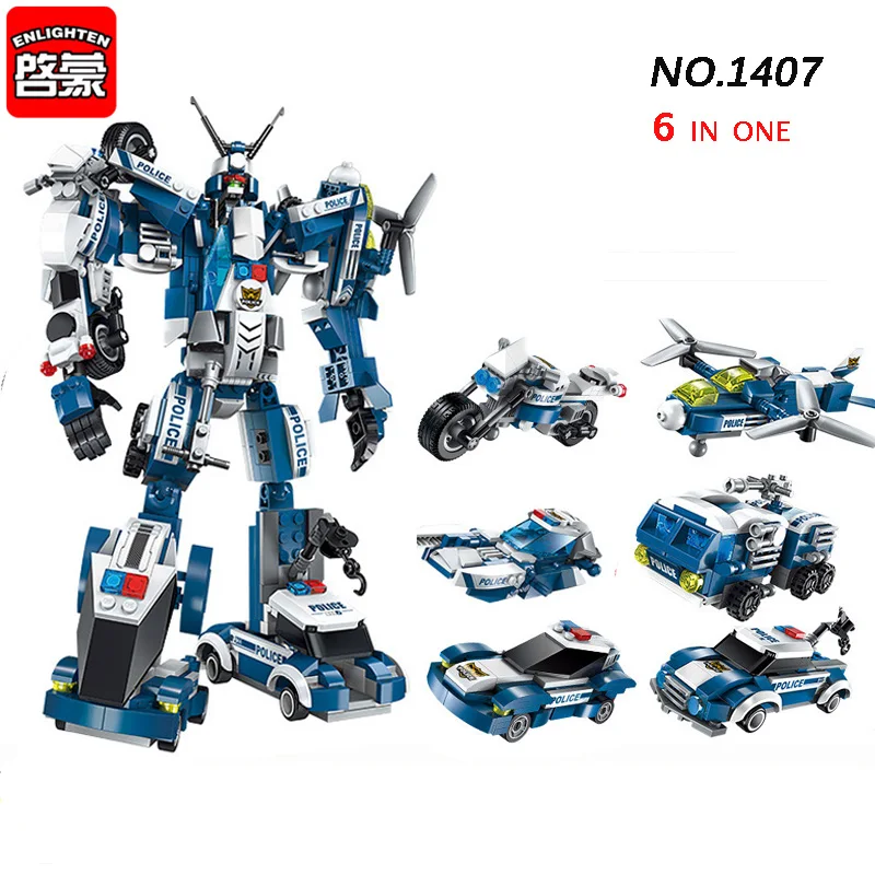 

NEW Enlighten 1407 577pcs 6in1 Police The War Generals Robot Car Plane Moto Boat Building Block Brick Toys For Children