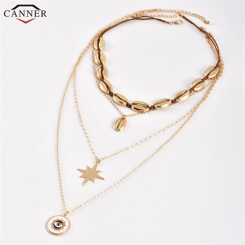 

Evil Eye Necklace Gold Color Multi Layered Necklace Women Metal Star Sea Shell Choker Long Pendant Necklace Jewelry collier H30
