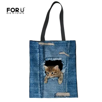 

FORUDESIGNS 3D Demin Cat Folding Handbag Women Linen Cotton Shopper Shoulder Bags Eco-friendly Shopping Totes For Female Ladies