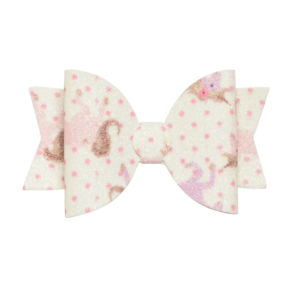 2pcs 3inch Unicorn Printed Hair Bows for Kids Double Layers Glitter Hair Clips 