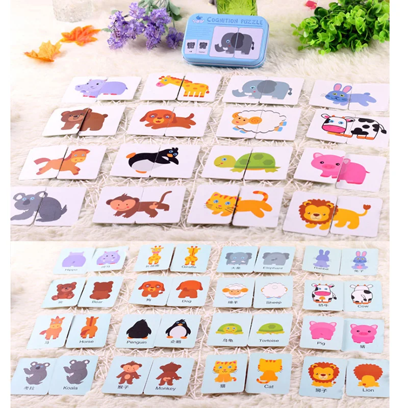 

New Arrival 32pcs Baby Puzzle Box Vehicle/Fruit/Animal/Life Set Cards Iron Box Enlighten Puzzle Toys for Children Puzzle Box