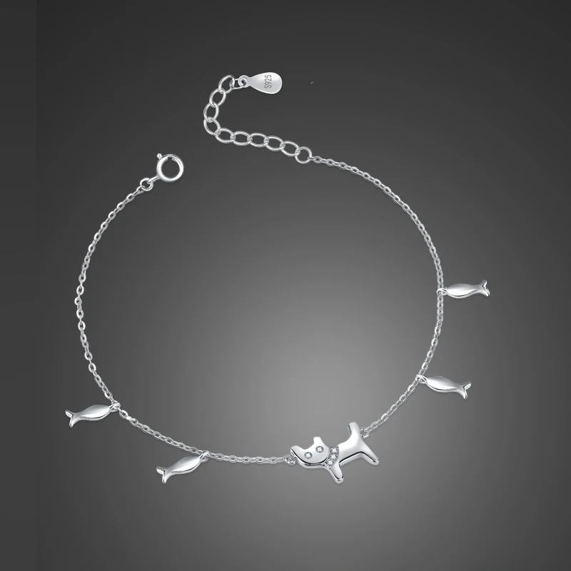 

Cute cat love fish Girl bracelet Fashion 100% 925 sterling silver Link Bracelet simple Woman silver jewelry birthday present