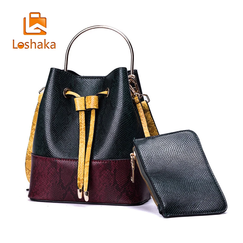 

Loshaka Casual Women Bucket With Serpentine Design Handbags New Fashion 3PCS Women Purse Zipper&String Shoulder Bags For Winner