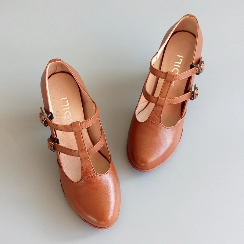 

Spring and autumn Literature and art Retro Leather High-heeled T-shirt Double T-strap Buckle Thick with Women's shoes