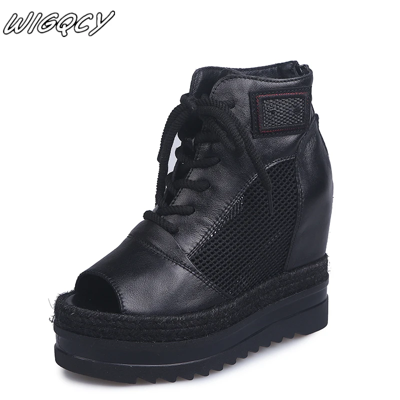 

2019summer fashion women's shoes One-button buckle Wedges sandals fish mouth side mesh women's sexy high heel sandals Zip Dress