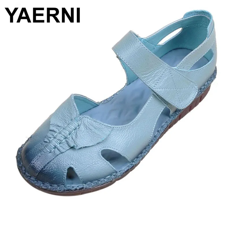 

YAERNI Summer Handmade Female Sandals Genuine Leather Soft Outsole Flat Shoes Fashion Casual Comfortable Woman Flat Sandals E579