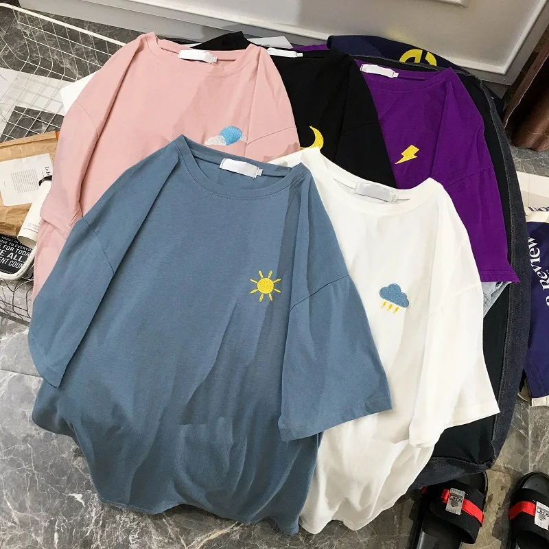 

Female Korean Harajuku Casual Embroidered Tshirt Women's T-shirts Tops Japanese Kawaii Ladies Ulzzang Clothes For Women
