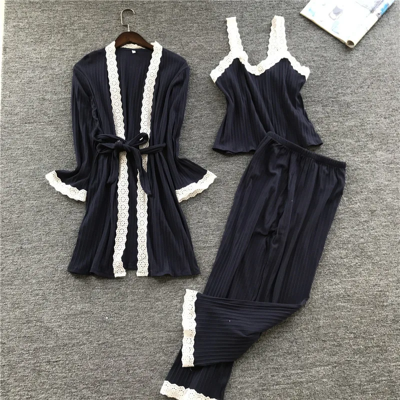 MECHCITIZ/комплект хлопковых пижам для женщин; осенне-зимняя одежда для сна; банный халат; топ и брюки; комплект пижам из 3 предметов; теплая Домашняя одежда с длинным рукавом