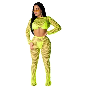 

Women Sexy Mesh Two Piece Set Hollow Out Wide Leg Club Outfits Casual Neon Green 2 Piece Matching Sets