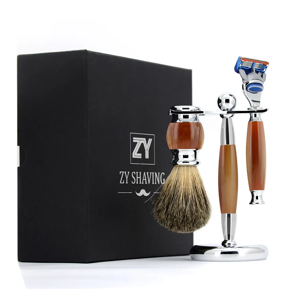 

ZY 3 / 5 / Double Edge Blade Shaving Set Pure Badger Hair Shave Beard Brush Kit Safety Razor Shaver Knife Stand Holder Men Gift