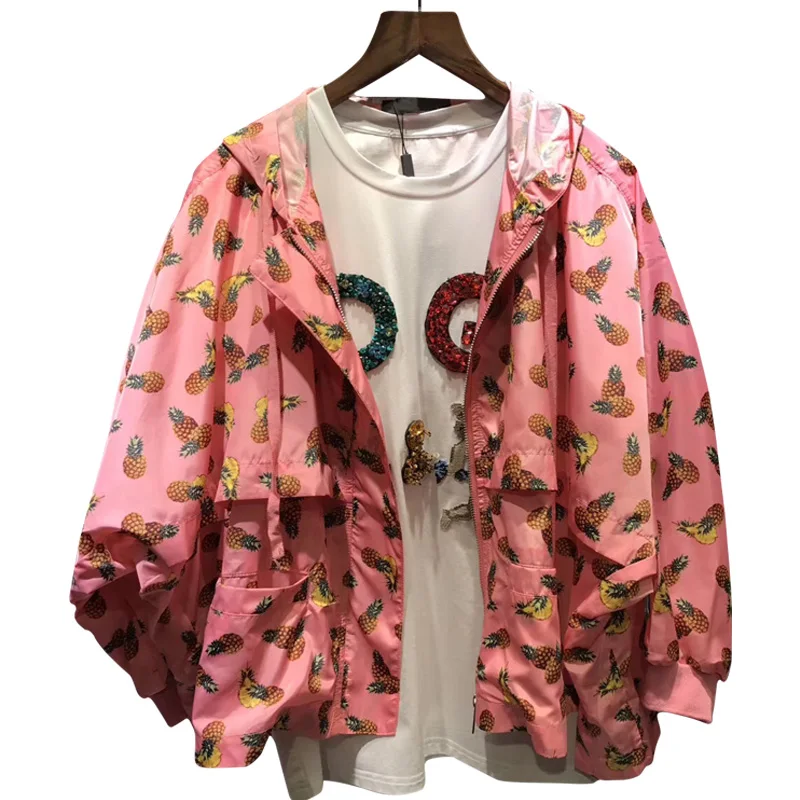 

Luxury Designer Brand Jacket for Women Fashion Pineapple printed Short Jacket Hooded Sun Protection Clothing Pink
