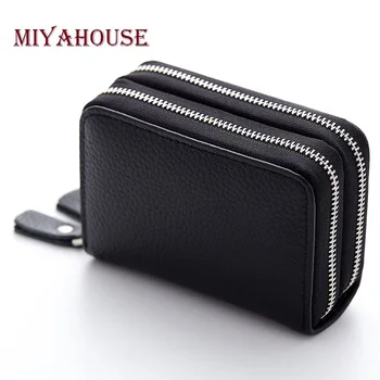 

Miyahouse Genuine Leather Unisex Credit Card Holder Wallets For Women Double Zipper ID Card Bag Male Business Cards Purses