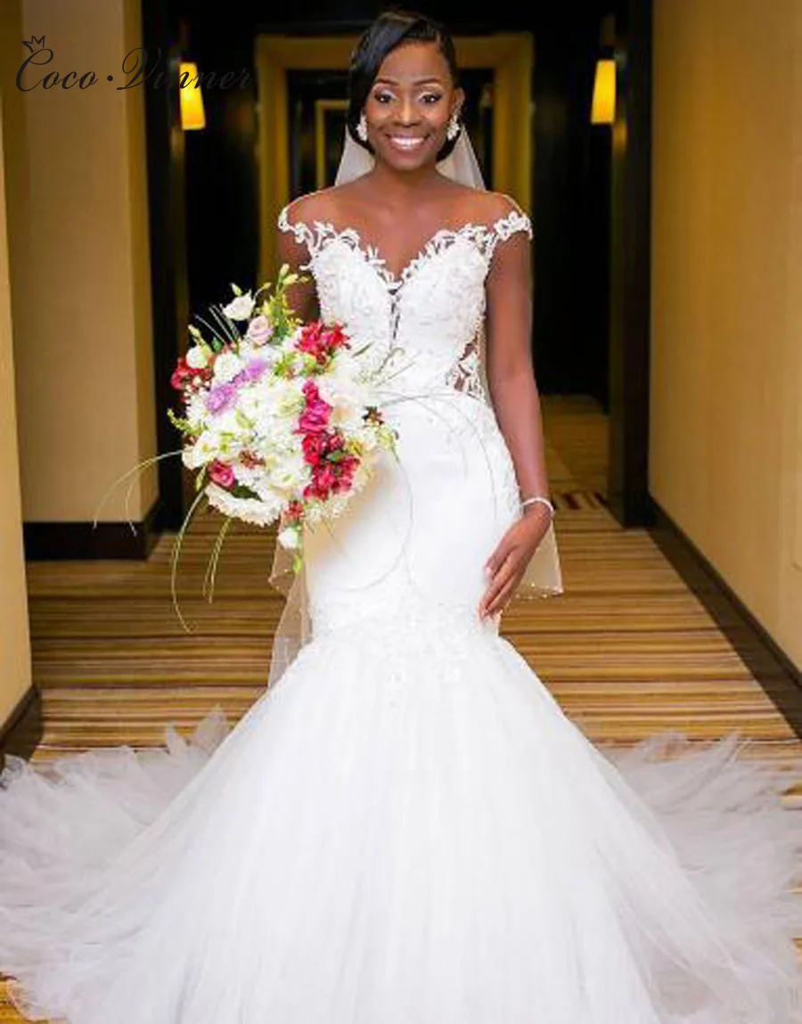 Сексуальная Иллюзия сзади Африка Русалка Свадебные платья чистый белый колпачок рукав вышивка бисером кружева невесты свадебное платье W0360