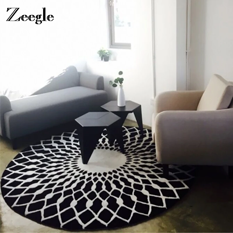 Zeegle European Style Carpet For Living Room Black And White Round
