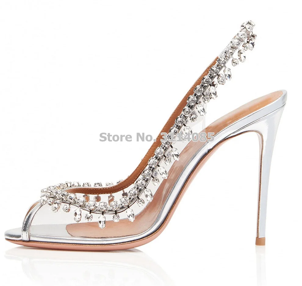 New Arrival Celebrity Silver Slingback Shining Crystal Wedding Shoes Fringe Rhinestone Peep Toe Stiletto Heels Clear PVC Pumps