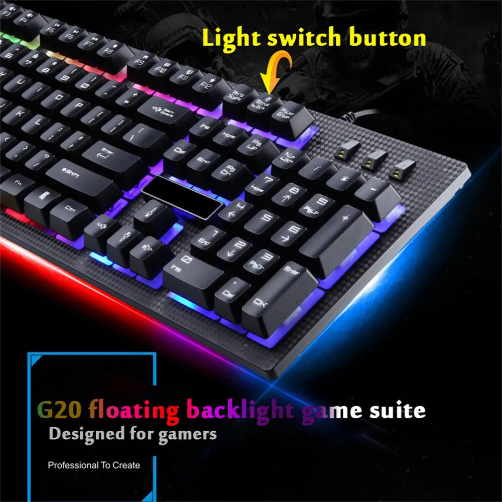 Binmer Gaming Keyboard G20 светодиодный Радуга Цвет Подсветка игры USB Проводная клавиатура и мышь комплект td15 Прямая доставка