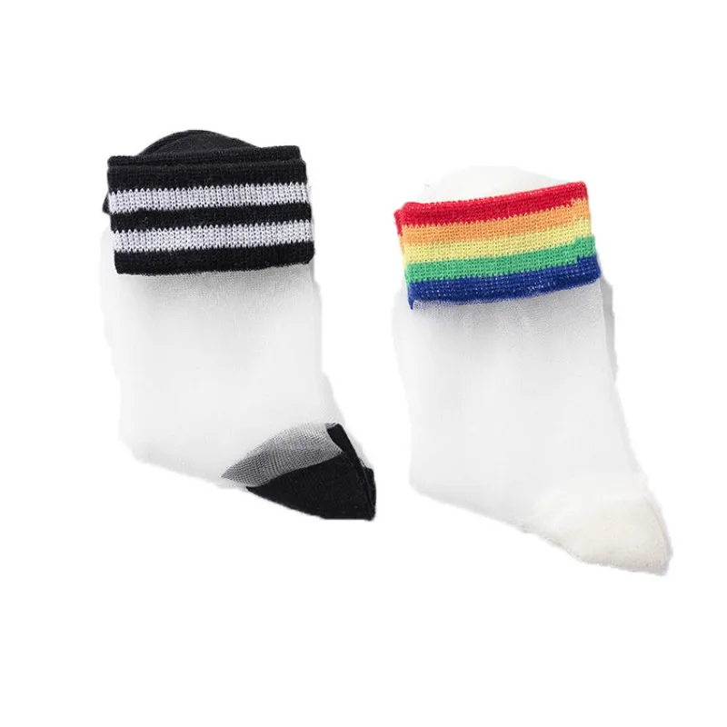 1 пара, летние милые шелковые прозрачные носки в радужную полоску для девочек Детские ультратонкие эластичные носки для девочек, От 3 до 12 лет