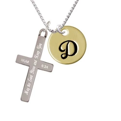 Large Gold Tone Disc Letter - D - 3/4'' - Bless and Keep You - Cross Necklace (1)