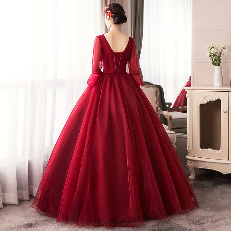 Бордовое бальное платье 2020 платья с аппликацией для Quinceanera длинным рукавом 15