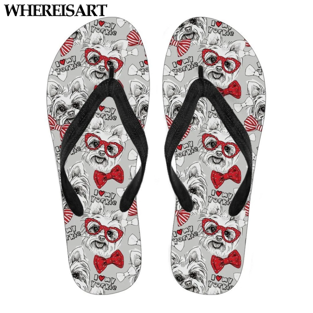 

WHEREISART Cute Yorkshire Terrier Pattern Slippers Woman Summer Fashion Women Flip Flops Casual Beach Slip-on Flipflops Female