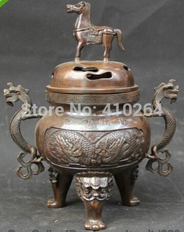 

10" Marked Chinese Bronze Two Dragon Play Bead Tang Horse Incense Burner Censer Statue Statue