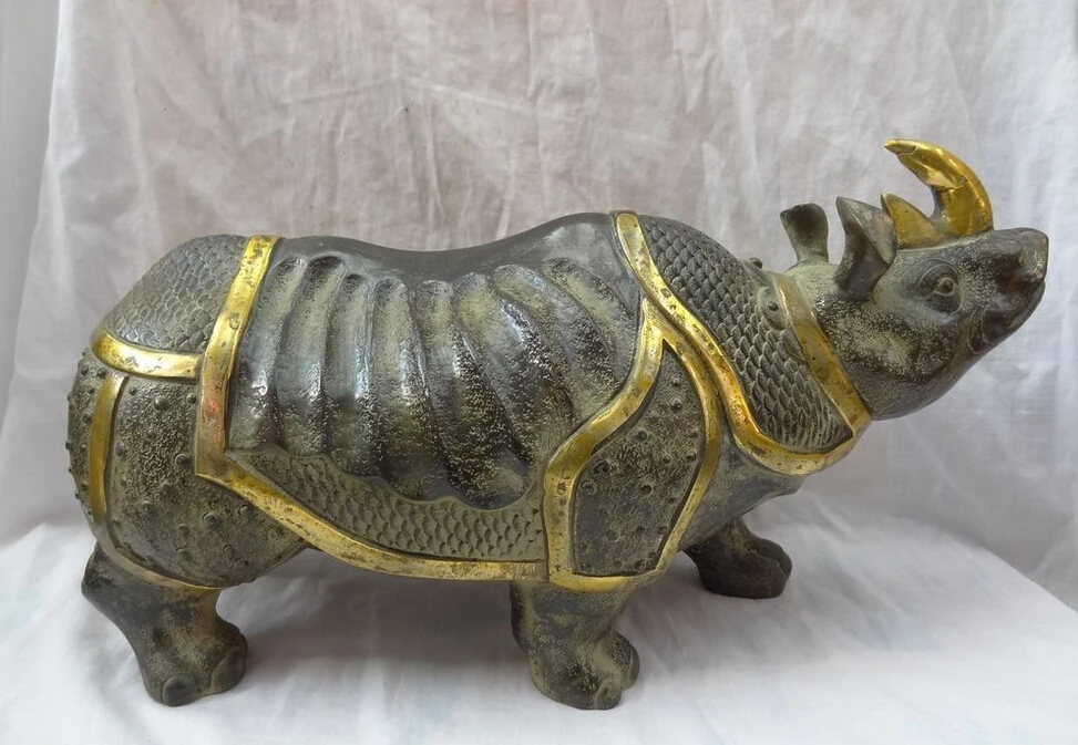 

18" Chinese Bronze Gilt Animals Wealth Bull Rhinoceros Horn Statue Sculpture
