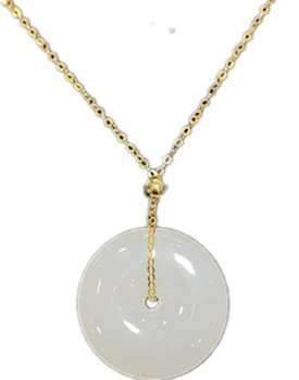 

New Qianjin Gold Inlaid Natural Hetian White Jade Peace Buckle Pendant Necklace Valentine's Day Best Gift with Certificate