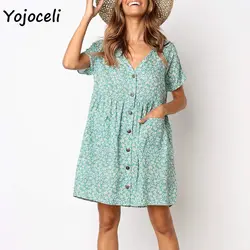 Yojoceli Лето 2019 Платье с принтом для девочек Женская Повседневная свободный стиль v-образным вырезом день платье кнопка карман мини уличное