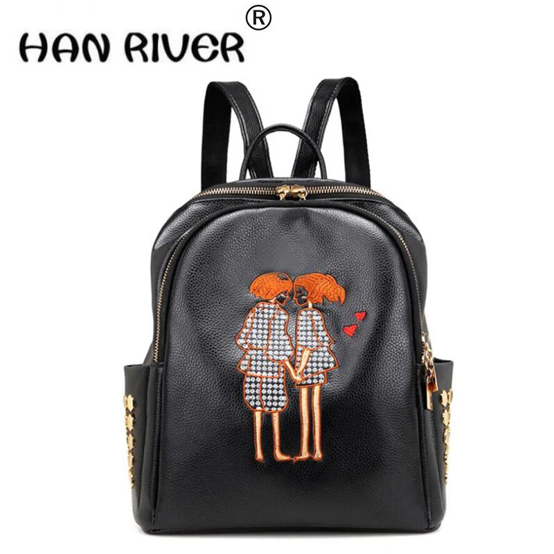 

Fashion mummy bag 2017 new style trend double shoulder bag female pack bag Rivet embroidery soft leather student campus pack