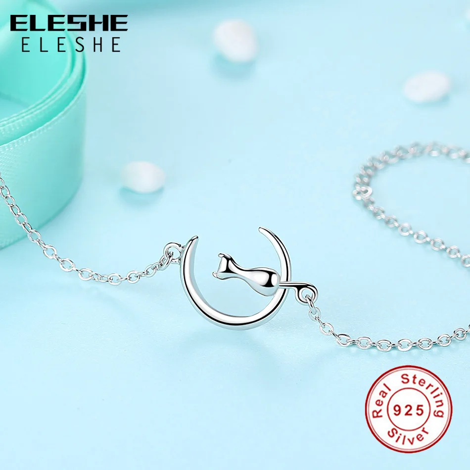 ELESHE Authentic Real 925 Sterling Silver Bracelet with Cute Animal Cat & Moon Charm Bracelets & Bangle Wedding Fashion Jewelry