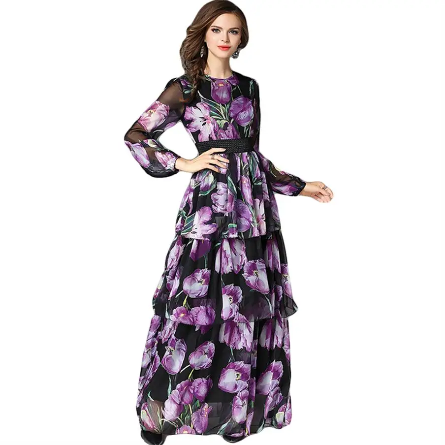 

2018 Summer Maxi Dress Women Floral Print Casual Dress Runway Robe Longue Femme Cake Style Ruffles Long Sleeve Chiffon Dress