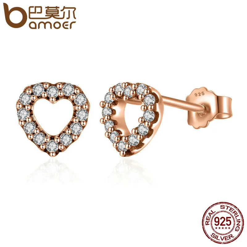 

BAMOER 100% 925 Sterling Silver Captured Hearts, Rose & Clear CZ Female Stud Earrings Fashion Jewelry PAS483