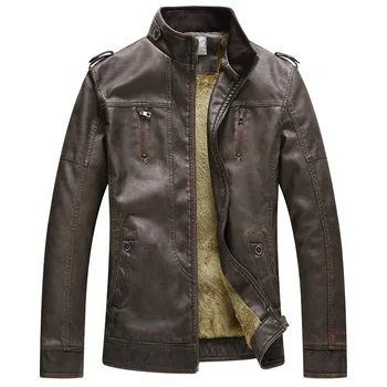 

Mens Leather Jacket Casacas De Cuero Winter PU Leather Fur Long Sleeve Warm Casual Slim Fit Coat For Business Travel Office