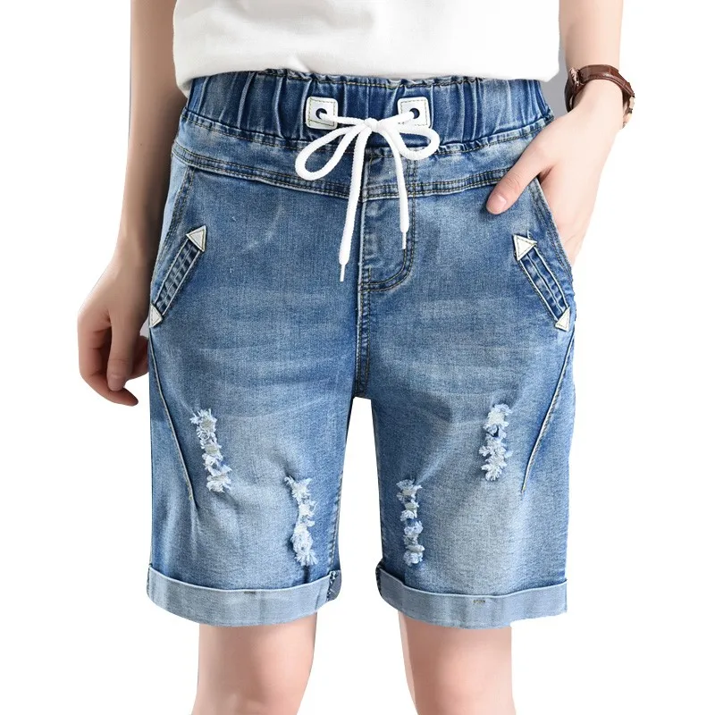 Высокая талия деним пять брюки для девочек для женщин новые летние эластичный пояс отверстие шорты свободные тонкие большого размера
